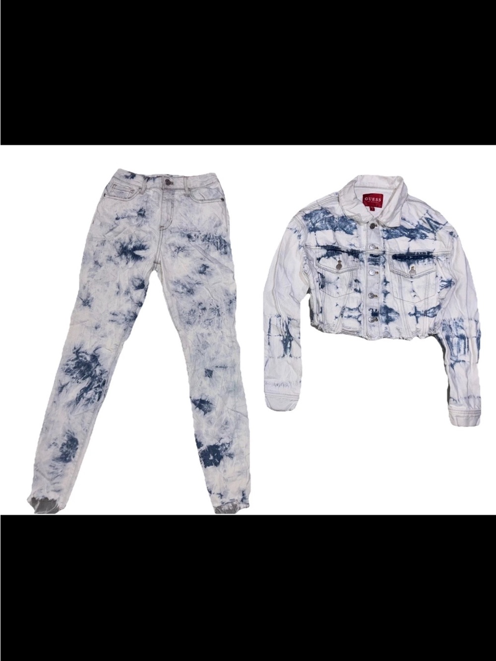 GUESS Esse 2pc Denim Set Tie Dye Cropped Trucker Jacket SZ.S/ Frayed Pants SZ.25